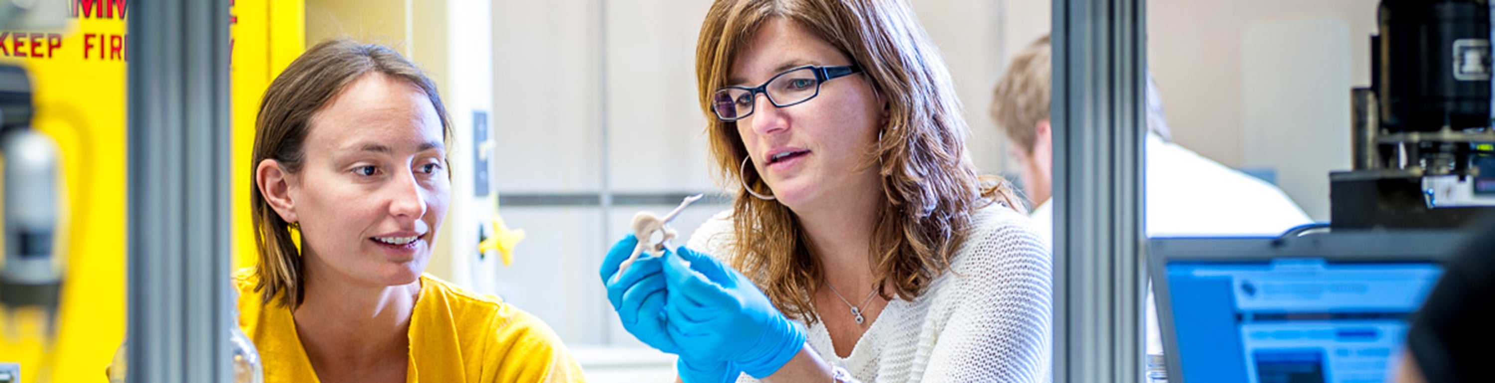 student and professor studying bones in lab