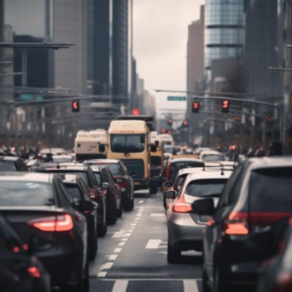 a photo showing backed up city traffic