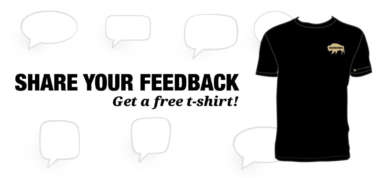 graphic with a tee shirt and text that reads "share your feedback, get a free shirt!"