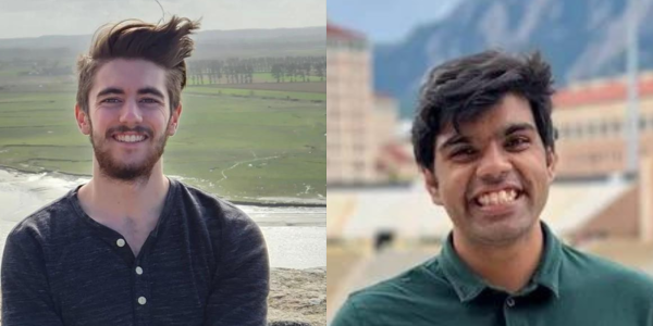 Mechanical engineering graduate students with mountains in background.