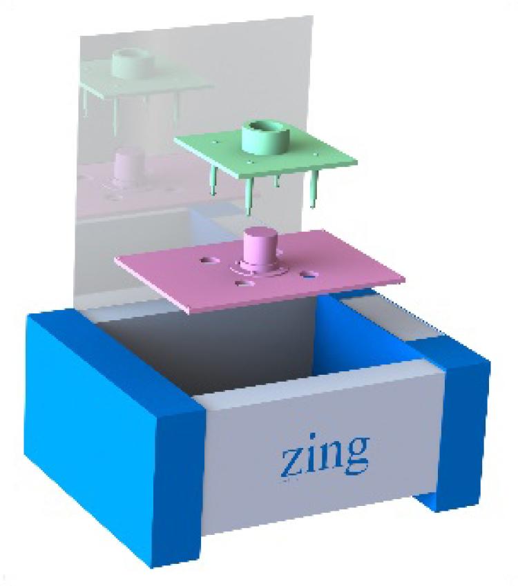 Rendering of the moving (pink) and fixed (green) subassemblies designed by the team to enable quality sintering with the Epilog Zing laser cutter.