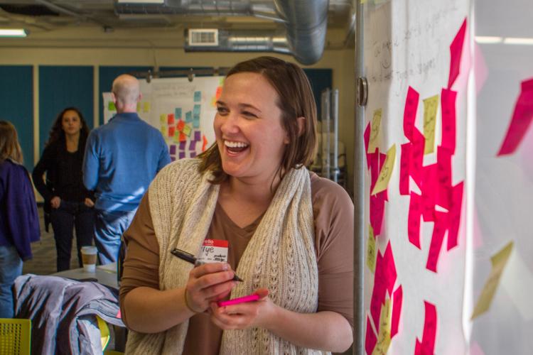 Carlye Lauff laughs during a design workshop in the Idea Forge.