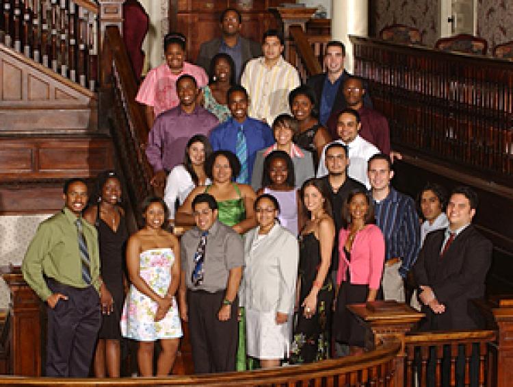 A group of students on a large staircase.