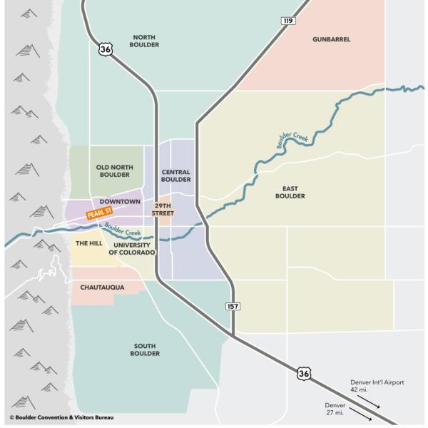 Map of neighborhoods in Boulder, CO, which are Downtown Boulder, The Hill, Chautauqua, Twenty Ninth Street, South Boulder, North Boulder, Gunbarrel, Central Boulder, Old North Boulder, East Boulder, and University of Colorado. Map credit to Boulder Convention and Visitors Bureau.
