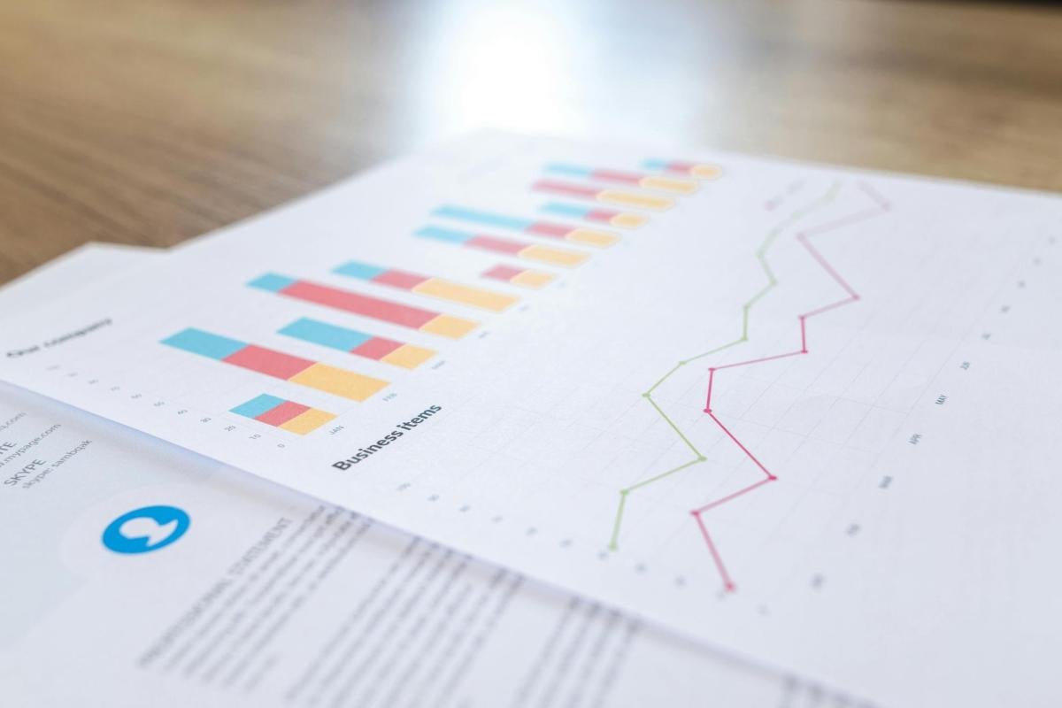 Pieces of paper with line charts.
