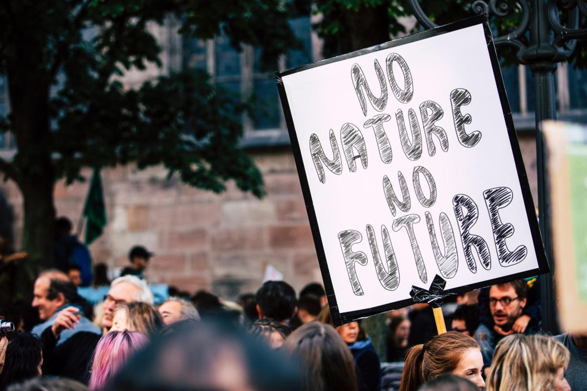 Crowd with someone holding a sign that says "No Nature, No Future"