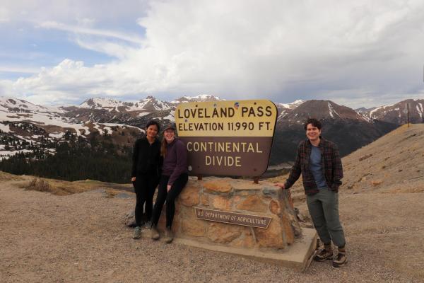 Students with Loveland Pass Continental Divide sign. 