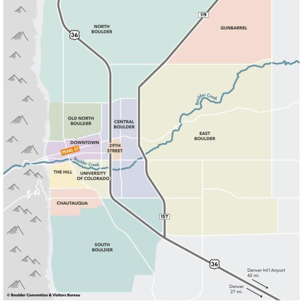 Map of neighborhoods in Boulder, CO, which are Downtown Boulder, The Hill, Chautauqua, Twenty Ninth Street, South Boulder, North Boulder, Gunbarrel, Central Boulder, Old North Boulder, East Boulder, and University of Colorado. Map credit to Boulder Convention and Visitors Bureau. 