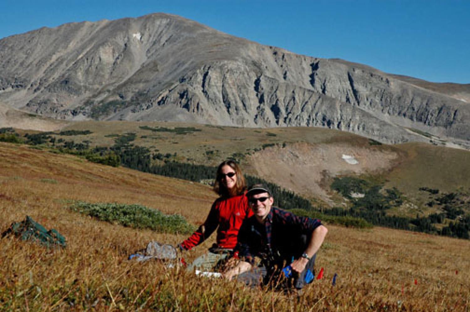 LTER researchers Courtney Meier and Kim Lohnas with the South Saint Vrain drainage and Mount Audobon in the background