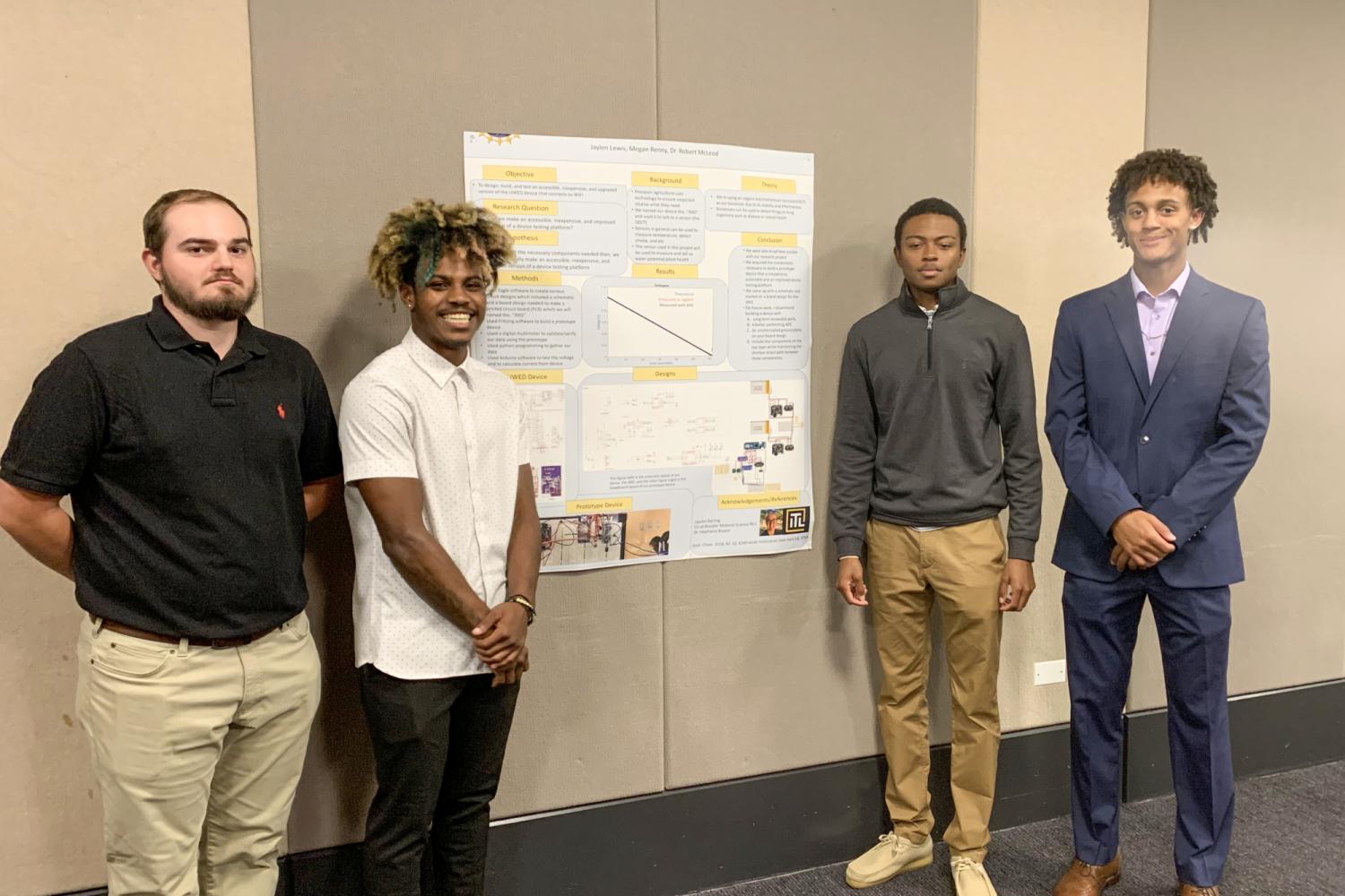 Four students at a poster presentation.