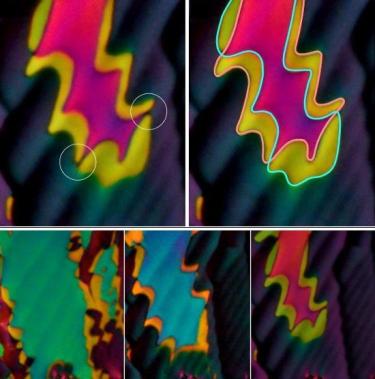 Microscopic image of the wild colors seen in the new phase of liquid crystal
