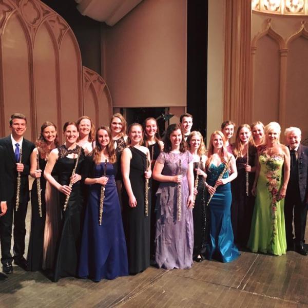 The CU flute studio poses on stage with the Galways