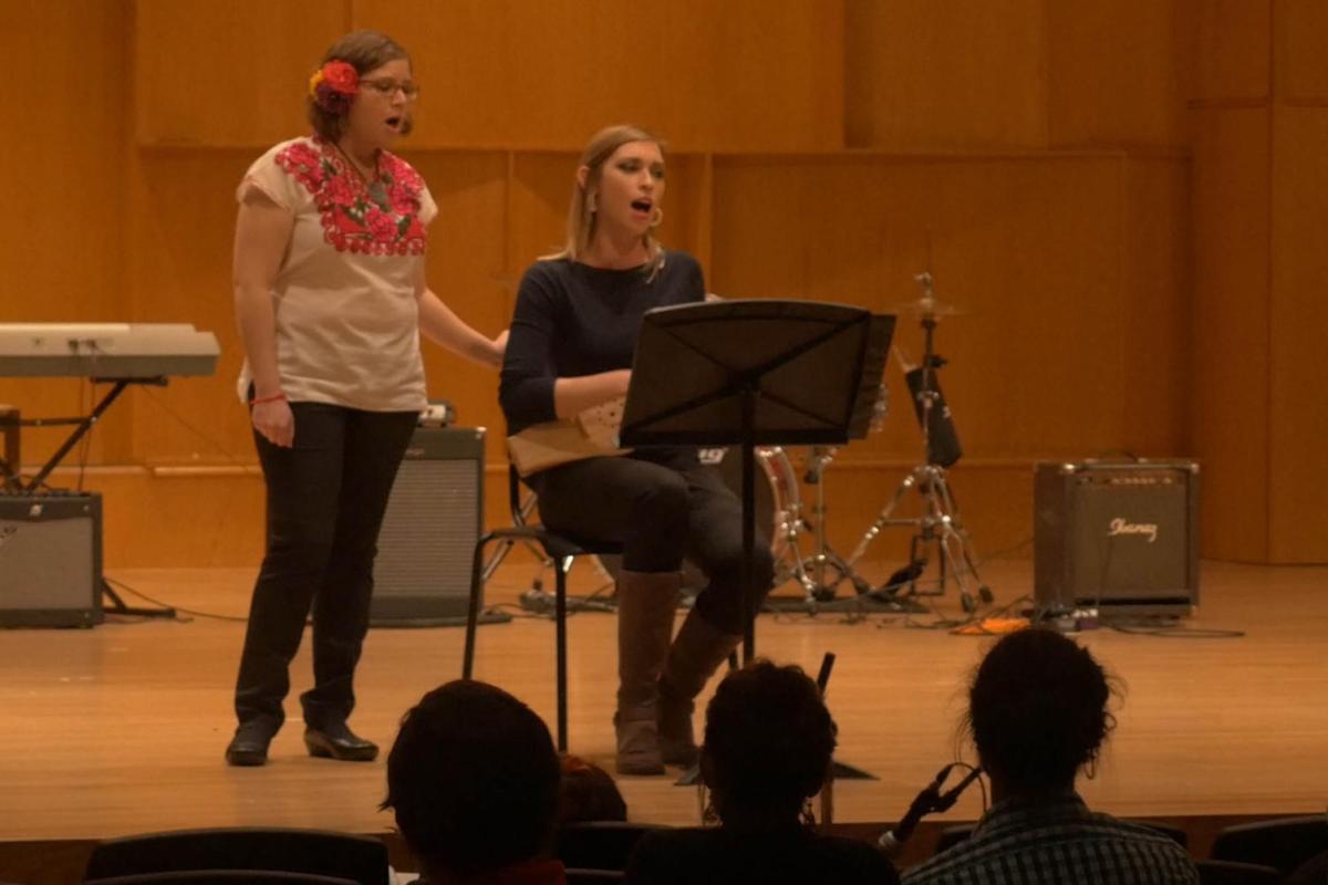 Musicology graduate students on stage performing