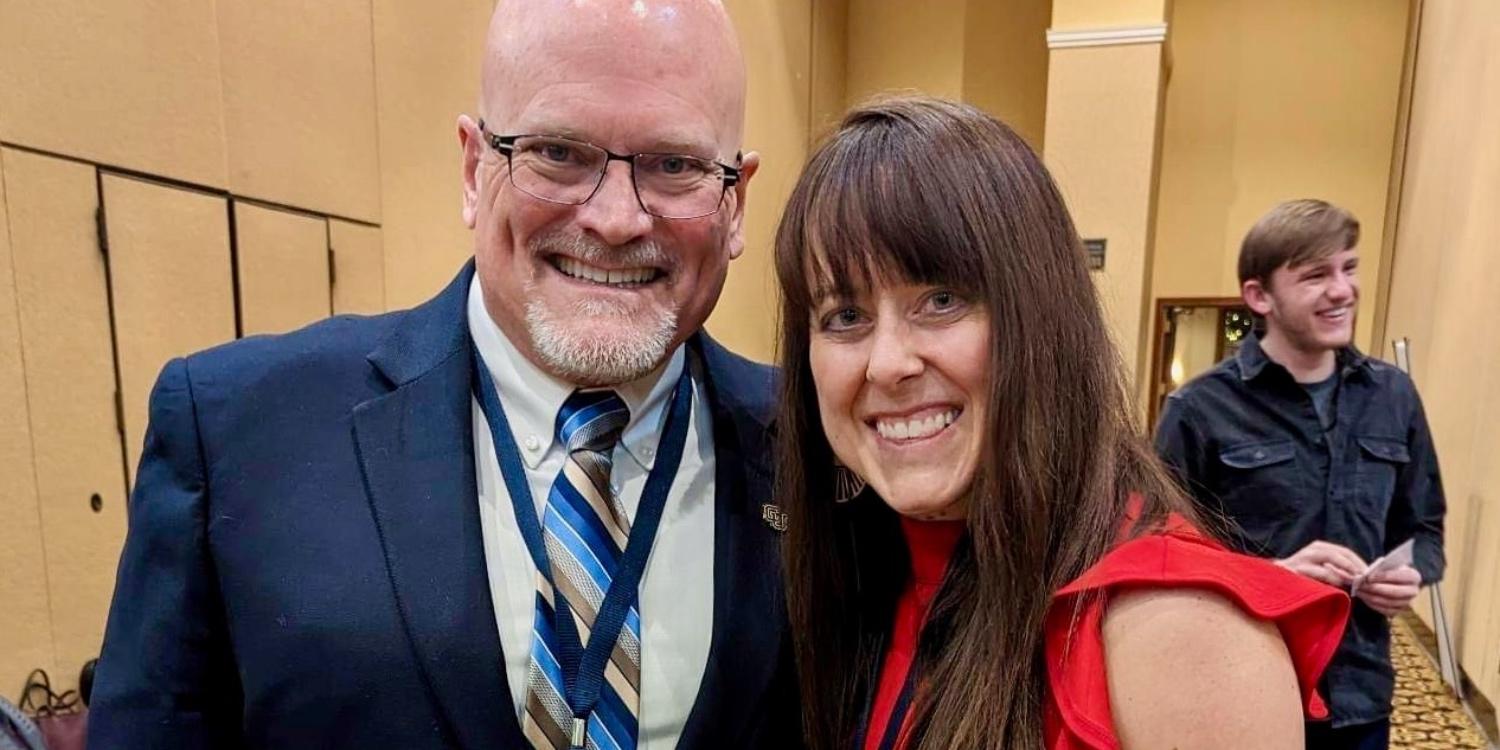 College of Music Dean John Davis with Sarah Stoneback at the 2023 Colorado Music Educators Association’s Clinic/Conference