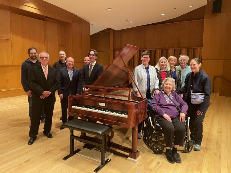 Members of the Taylor family with Leffingwell, Mulcahey, Mikkelsen, Piano Technician Phil Taylor, Professor of Piano Andrew Cooperstock—with whom Leffingwell studied as a master’s student—and friends.