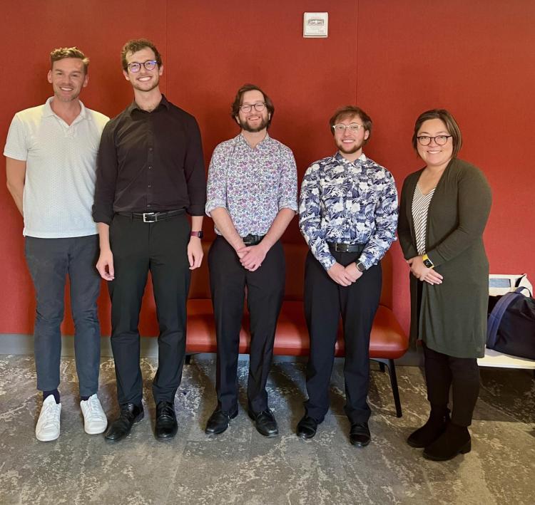 Nathan Mertens, Carter DeSouza, Joel Ferst and Ian Gunnarschja with Kaori Uno-Jack, MTNA judge and CU Boulder alum