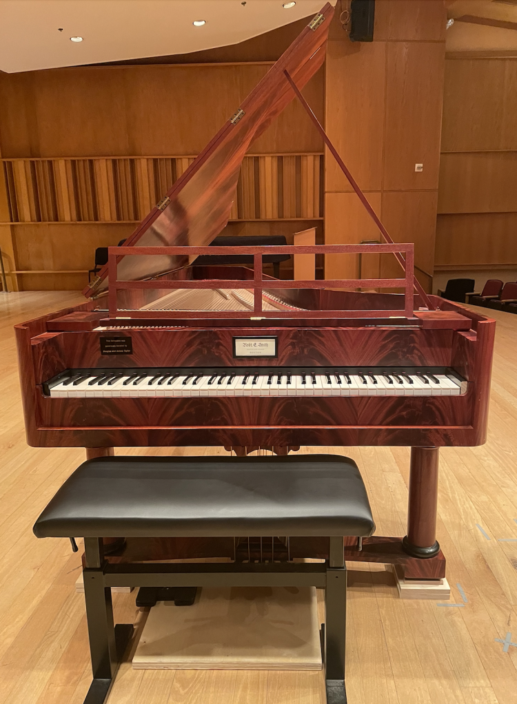 A new plaque adorns the newly playable fortepiano, a replica after Conrad Graf 1828 by Robert Smith, ca. 1982: “This fortepiano was generously donated by Douglas and Avlona Taylor.”