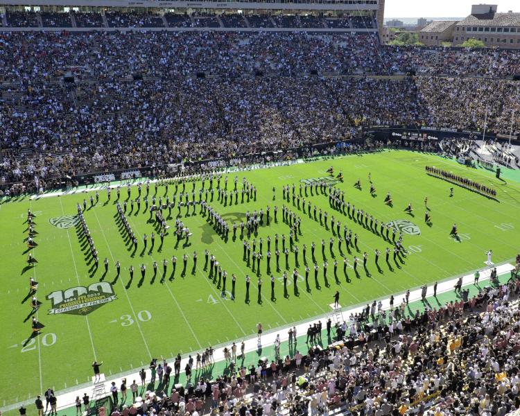 CU Boulder Golden Buffalo Marching Band in formation