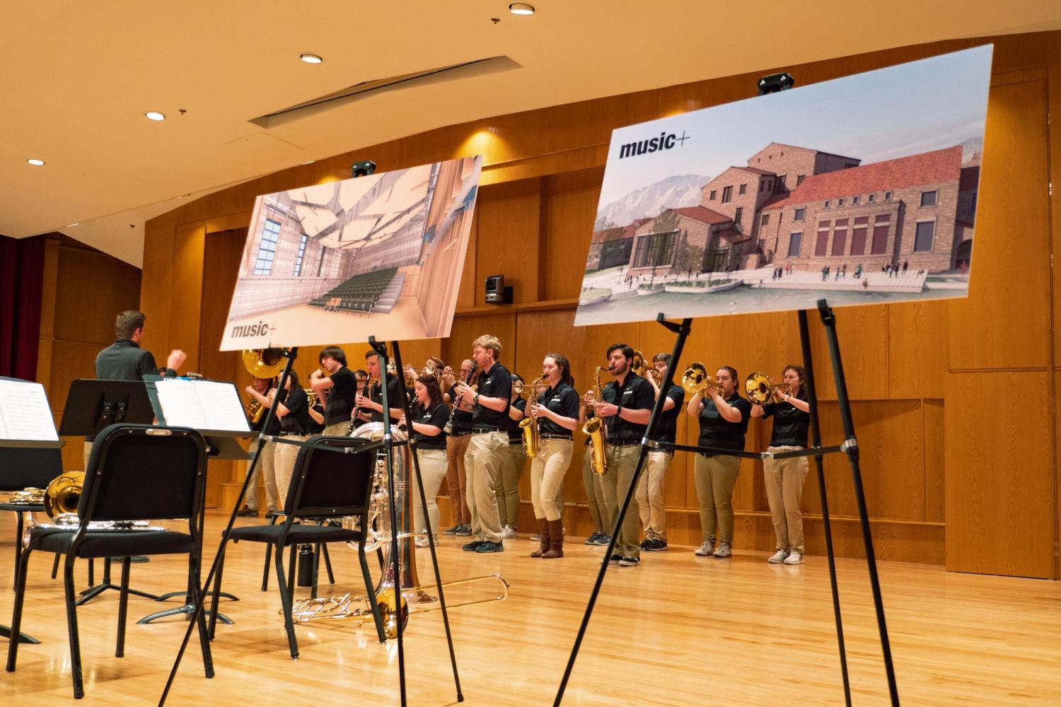 pep band on stage in grusin