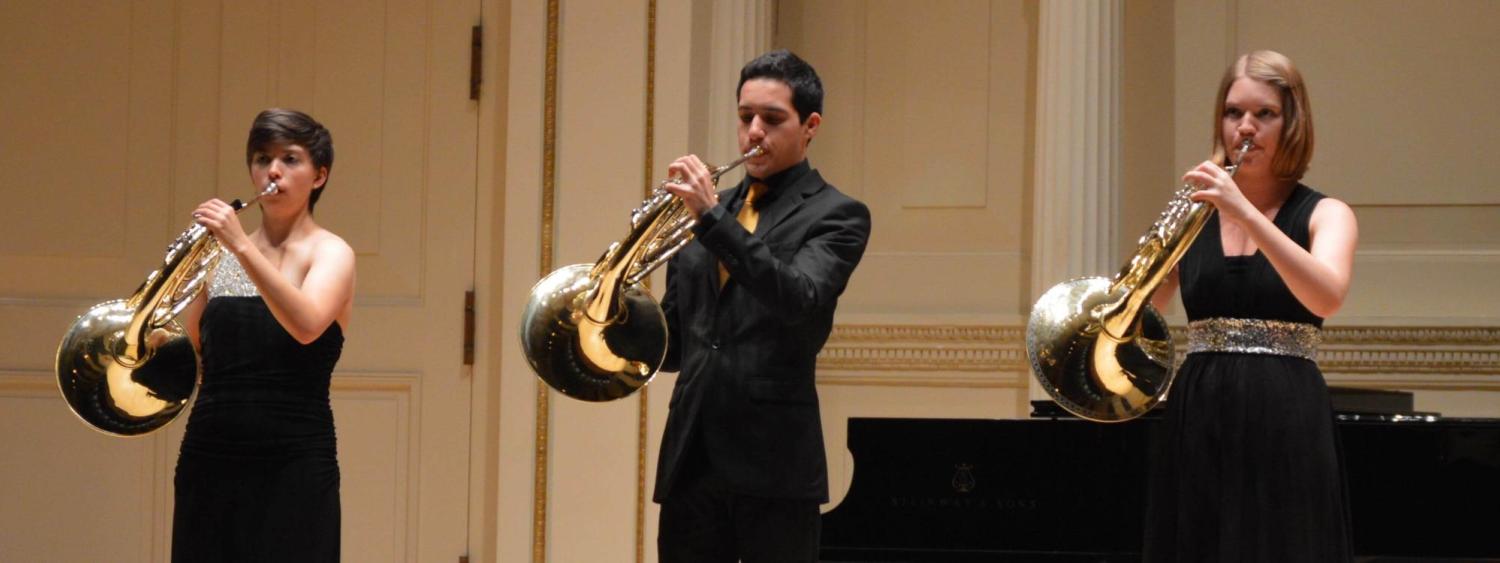 Three French horn players performing