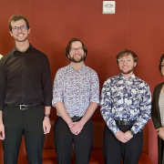  Nathan Mertens, Carter DeSouza, Joel Ferst and Ian Gunnarschja with Kaori Uno-Jack, MTNA judge and CU Boulder alum