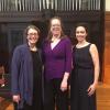 erika eckert, margaret mcdonald, abigail nims posing by organ