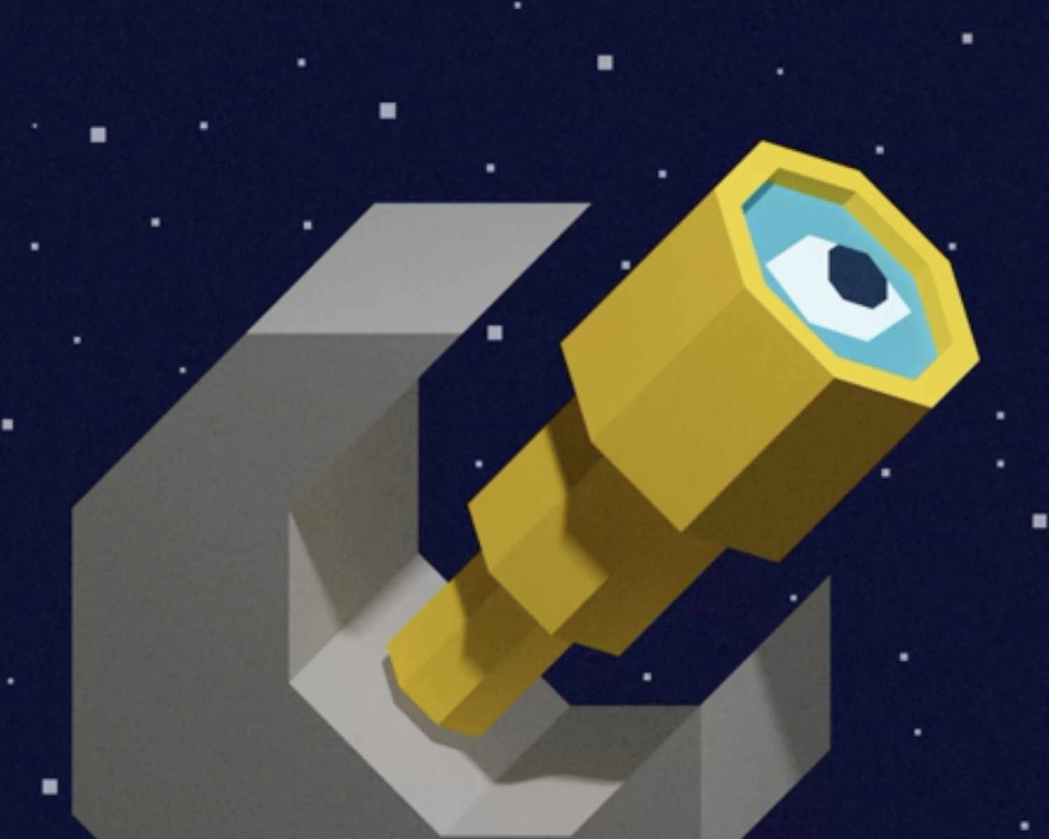 Illustration by Todd St. John of a space telescope with eye looking towards stars