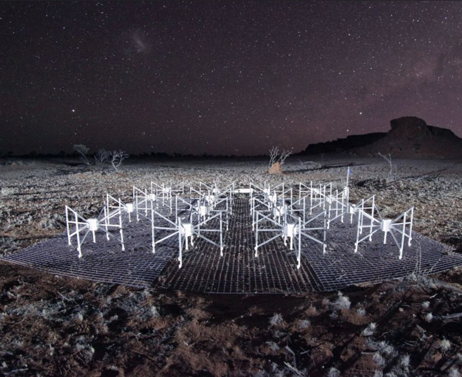 A night view of part of the Murchison Widefield Array in Western Australia. Credit Dr John Goldsmith/Celestial Visions