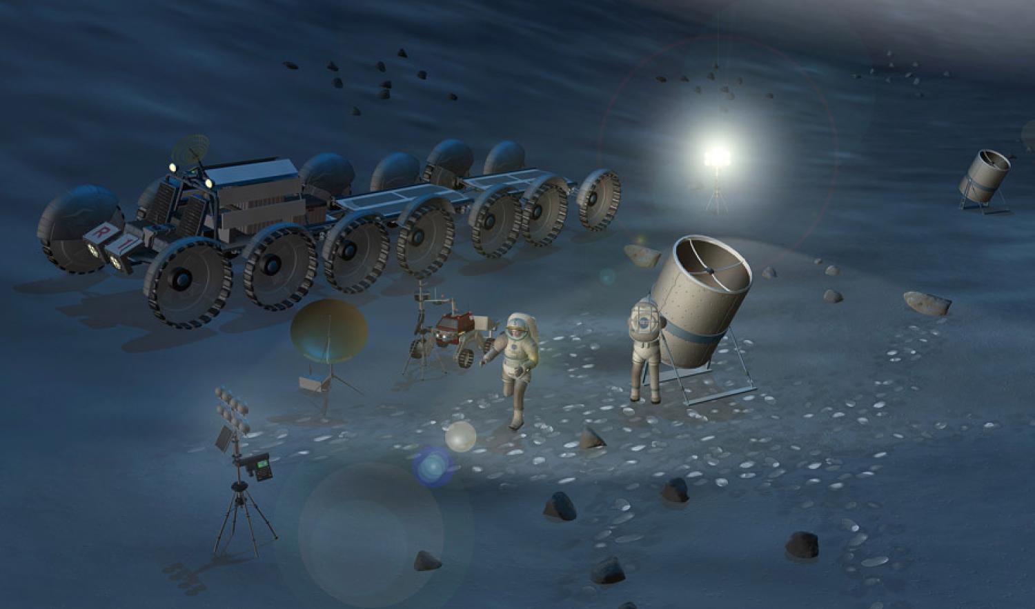 An artist's conception of astronauts setting up a lunar telescope array. Credit: NASA