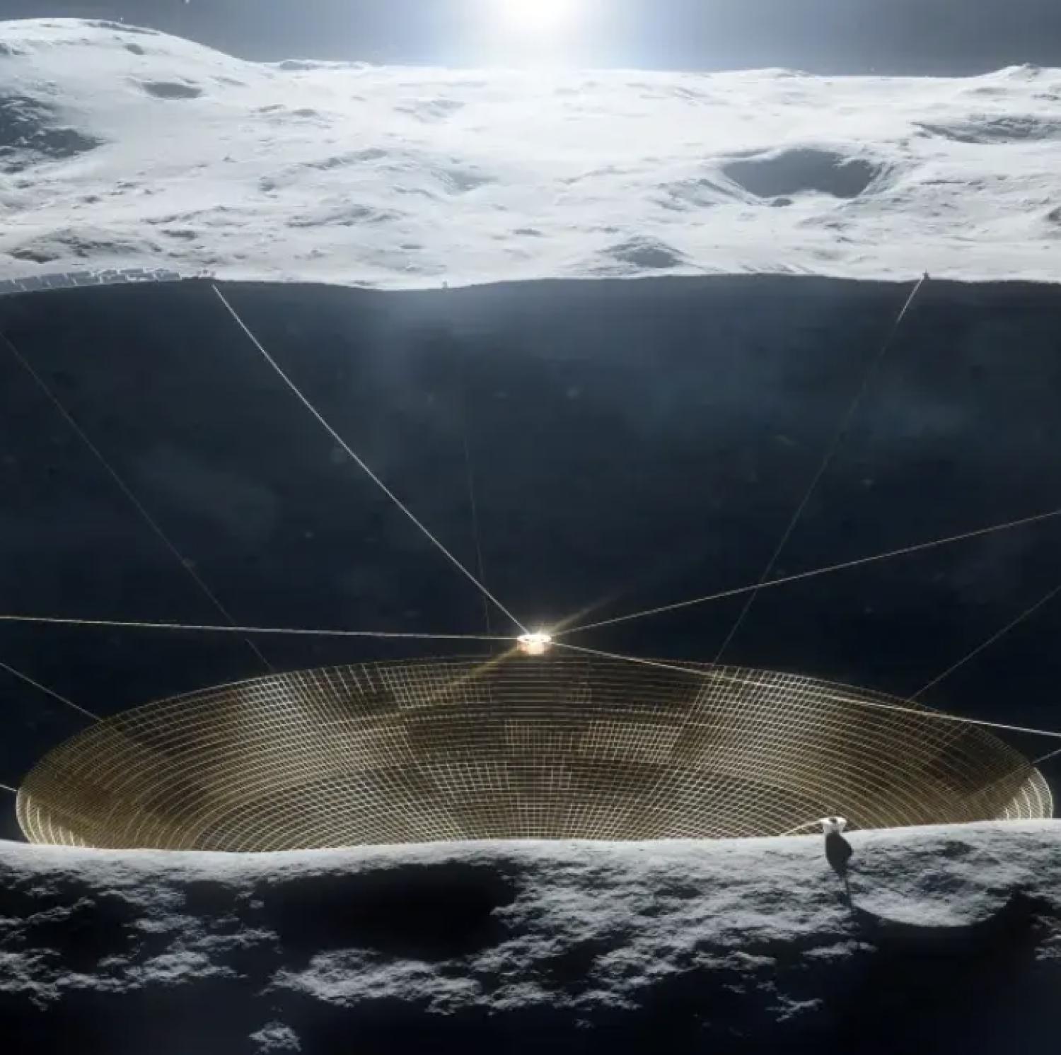 An illustration of a conceptual radio telescope within a crater on the moon.