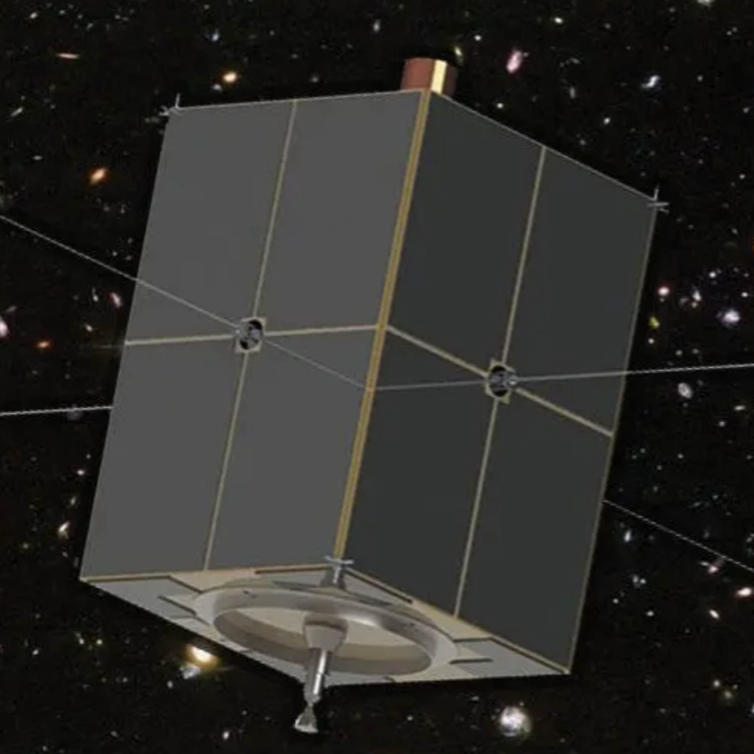 An illustration of the Dark Ages Polarimeter Pathfinder, or Dapper, spacecraft orbiting past the far side of the moon.