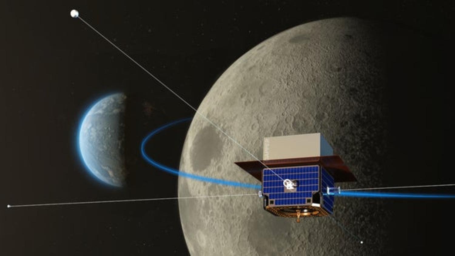 Artist’s rendition of the Dark Ages Polarimetry Pathfinder (DAPPER) spacecraft, which will seek out faint radio signals from the early universe while operating in low lunar orbit. Credit: NRAO/AUI/NSF
