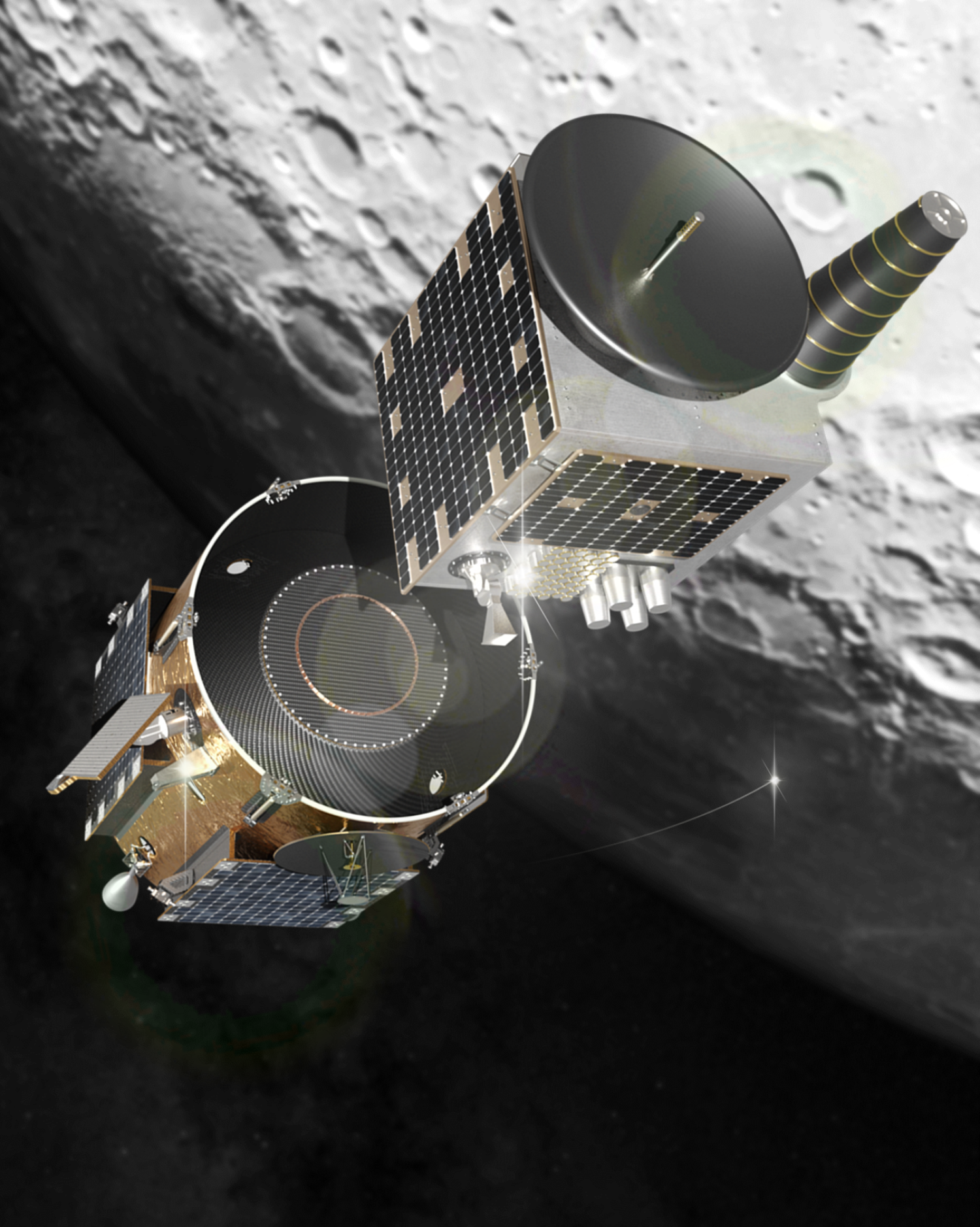 Rendering of Firefly’s Blue Ghost transfer vehicle deploying the European Space Agency’s Lunar Pathfinder satellite to lunar orbit. ESA’s Lunar Pathfinder is designed and developed by Surrey Satellite Technology Limited. ESA collaborated with NASA for delivery through the CLPS initiative. Credits: Firefly Aerospace