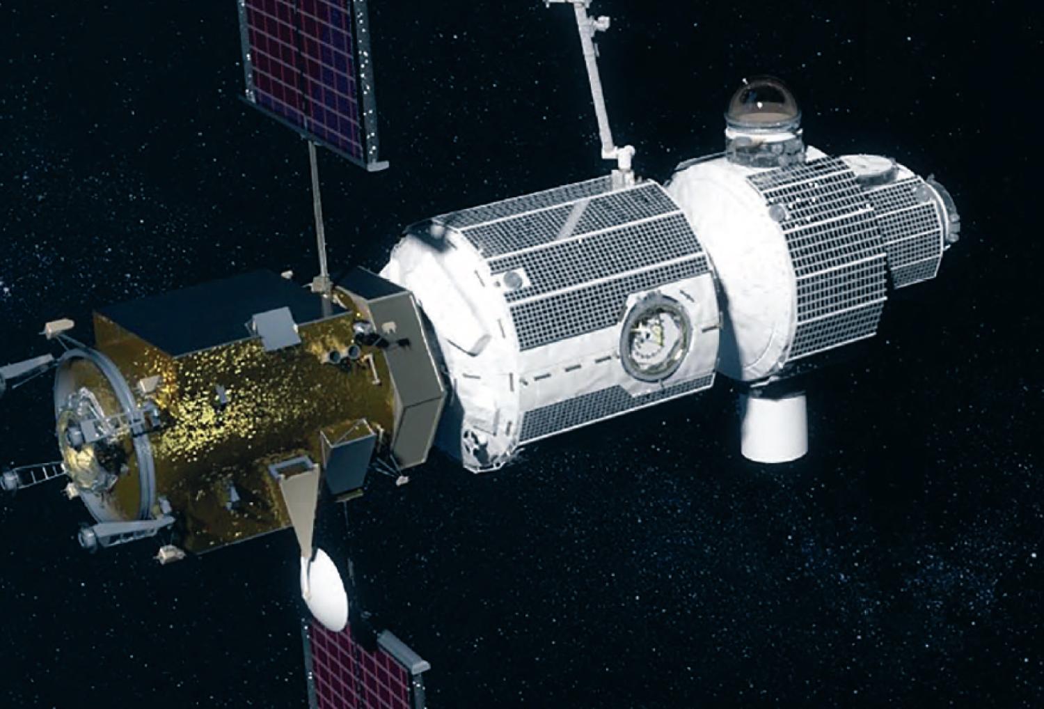 In this artist’s rendering of a concept for a Deep Space Gateway near the moon, an Orion spacecraft approaches from right.