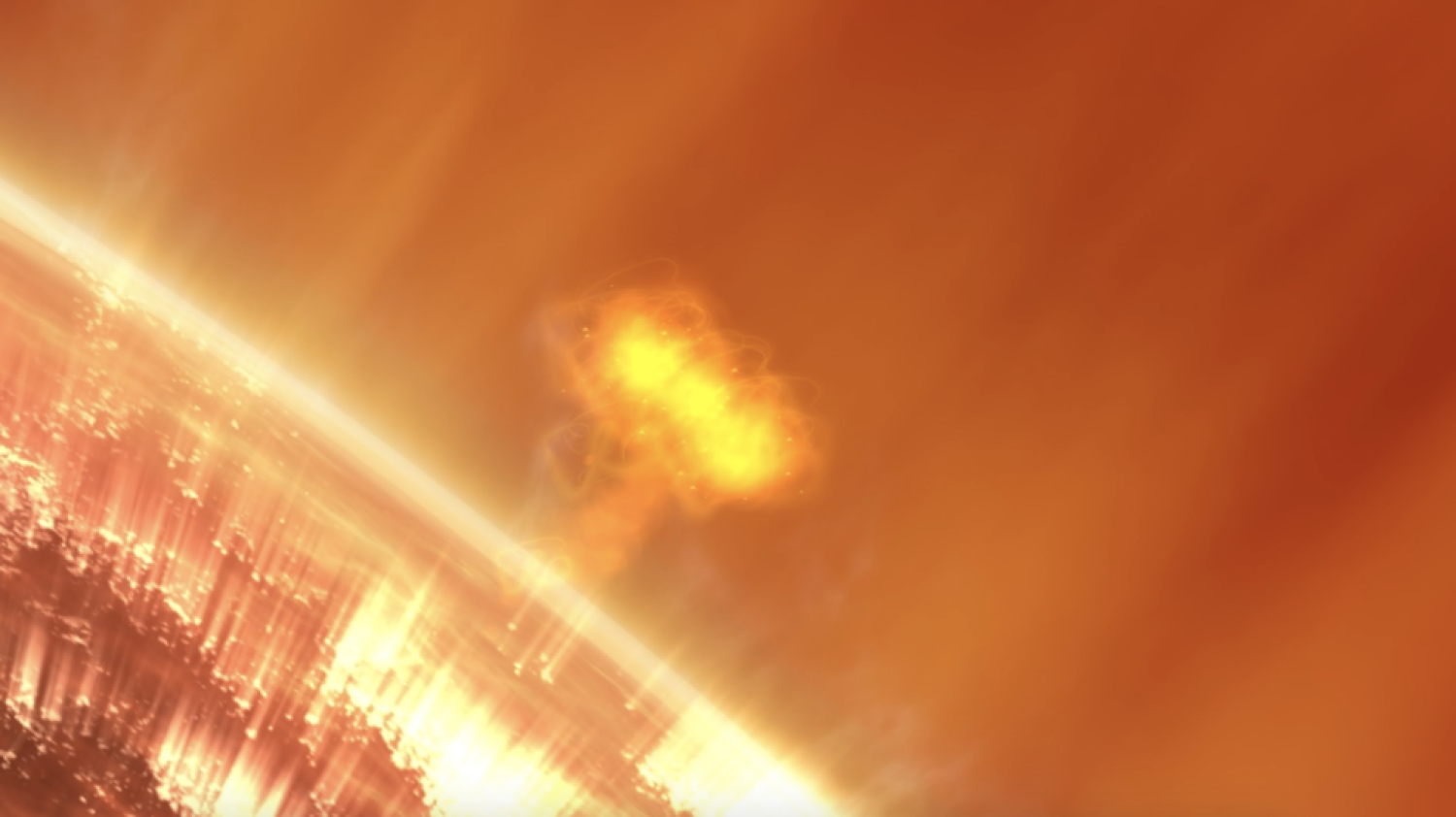 As depicted in this illustration, a giant surges of solar particles erupts off of the Sun.