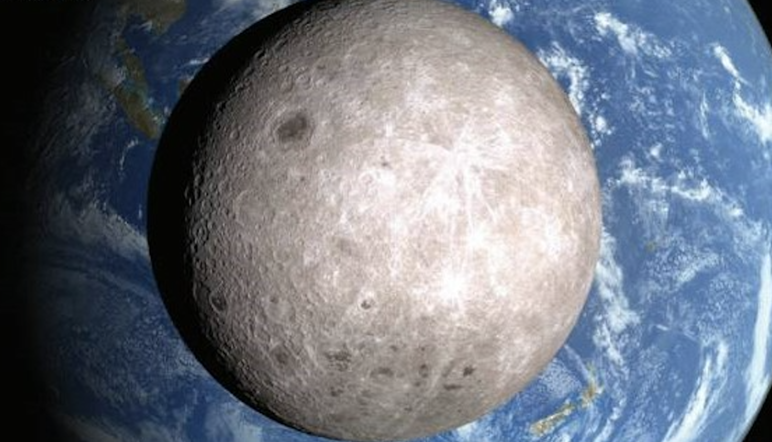 Photo of the far side of the Moon with the earth in the background