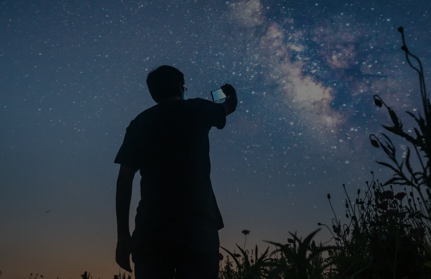 Photo of a person holding up a cell phone, night sky in background