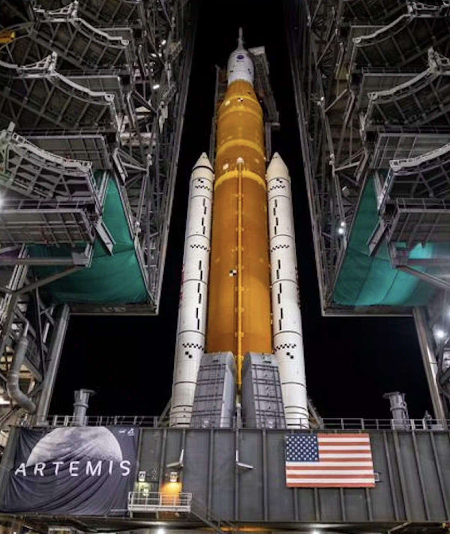 NASA’s new Space Launch System is seen here being moved from the rocket assembly building to a launchpad. Credit NASA