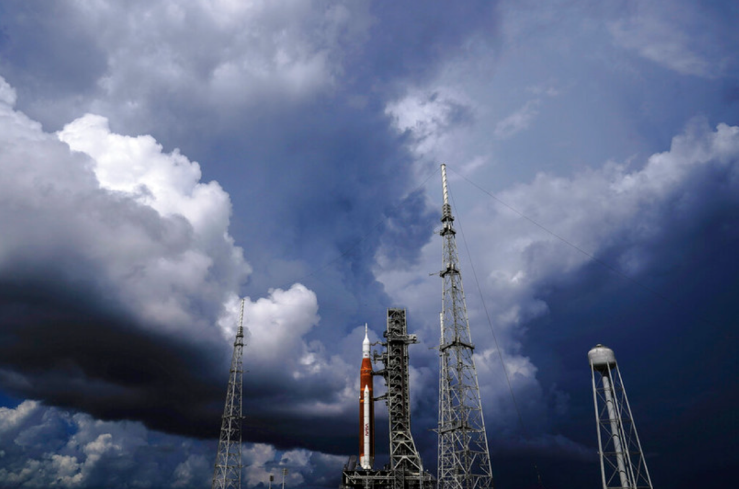 The NASA moon rocket stands on Pad 39B before a launch attempt for the Artemis 1 mission to orbit the moon at the Kennedy Space Center on Sept. 2, 2022, in Cape Canaveral, Fla. Brynn Anderson/AP File Photo