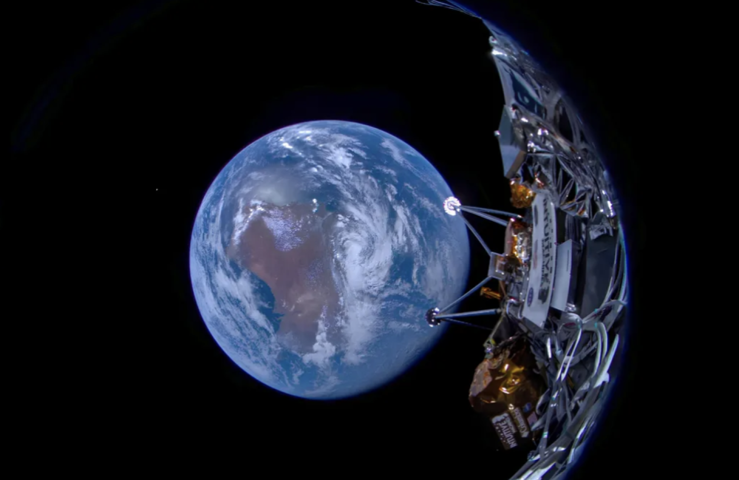 Intuitive Machines' Odysseus moon lander beamed home this selfie on Feb. 16, 2024, a day after launching atop a SpaceX Falcon 9 rocket. (Image credit: Intuitive Machines via X)