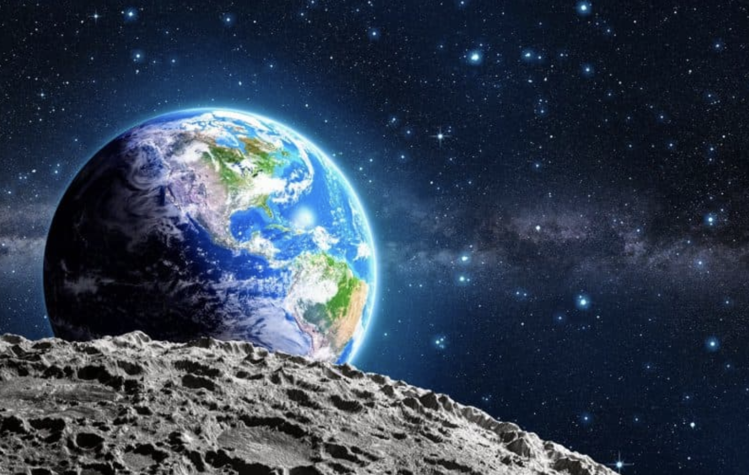 Graphic from the Moon looking at Earth with the Milky Way in the background
