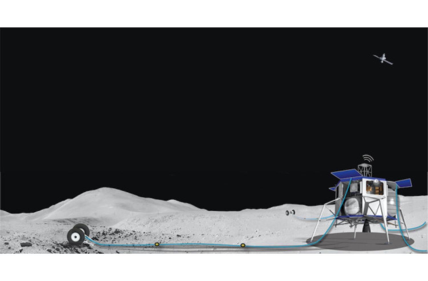 The FARSIDE telescope and its attendant rovers would reach the moon using Blue Origin’s Blue Moon lander. (Credit: Courtesy Caltech/JPL)