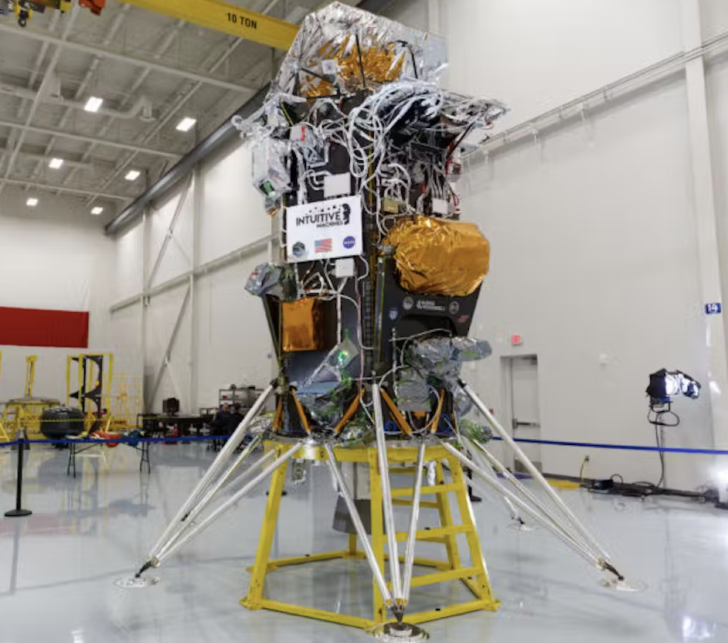 The Intuitive Machines payload getting ready to ship to Cape Canaveral, spacecraft in the clean room. photo credit Intuitive Machines