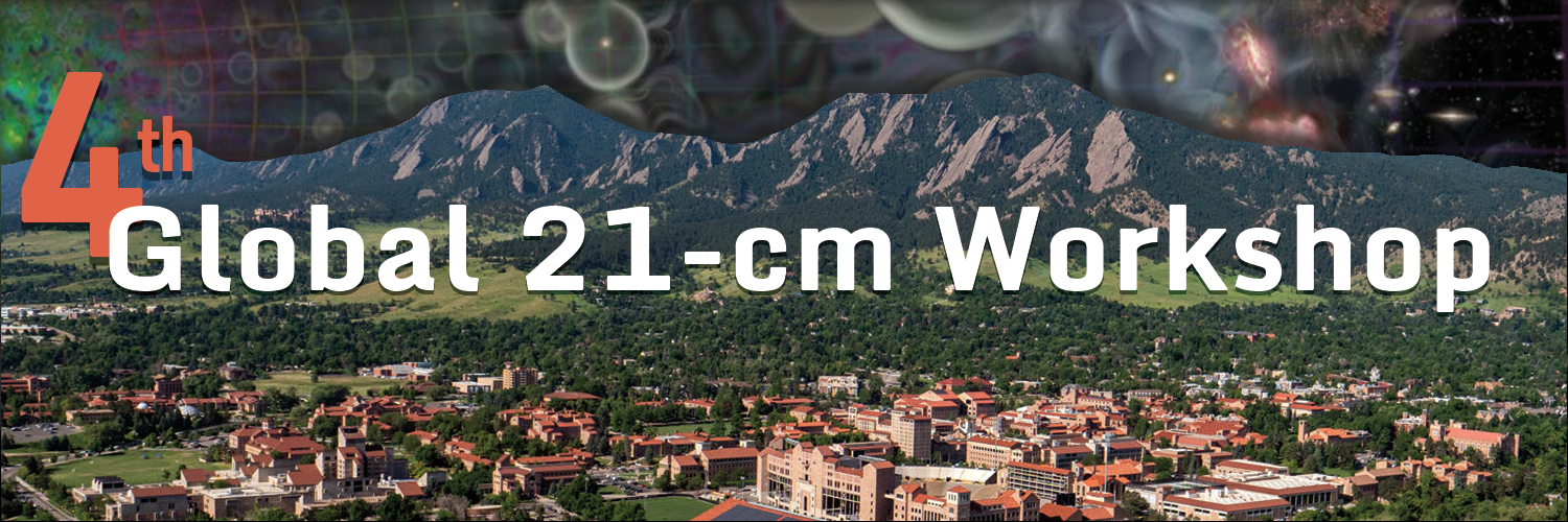Global 21-cm Workshop graphic with cosmic dawn in the sky and aerial view of campus
