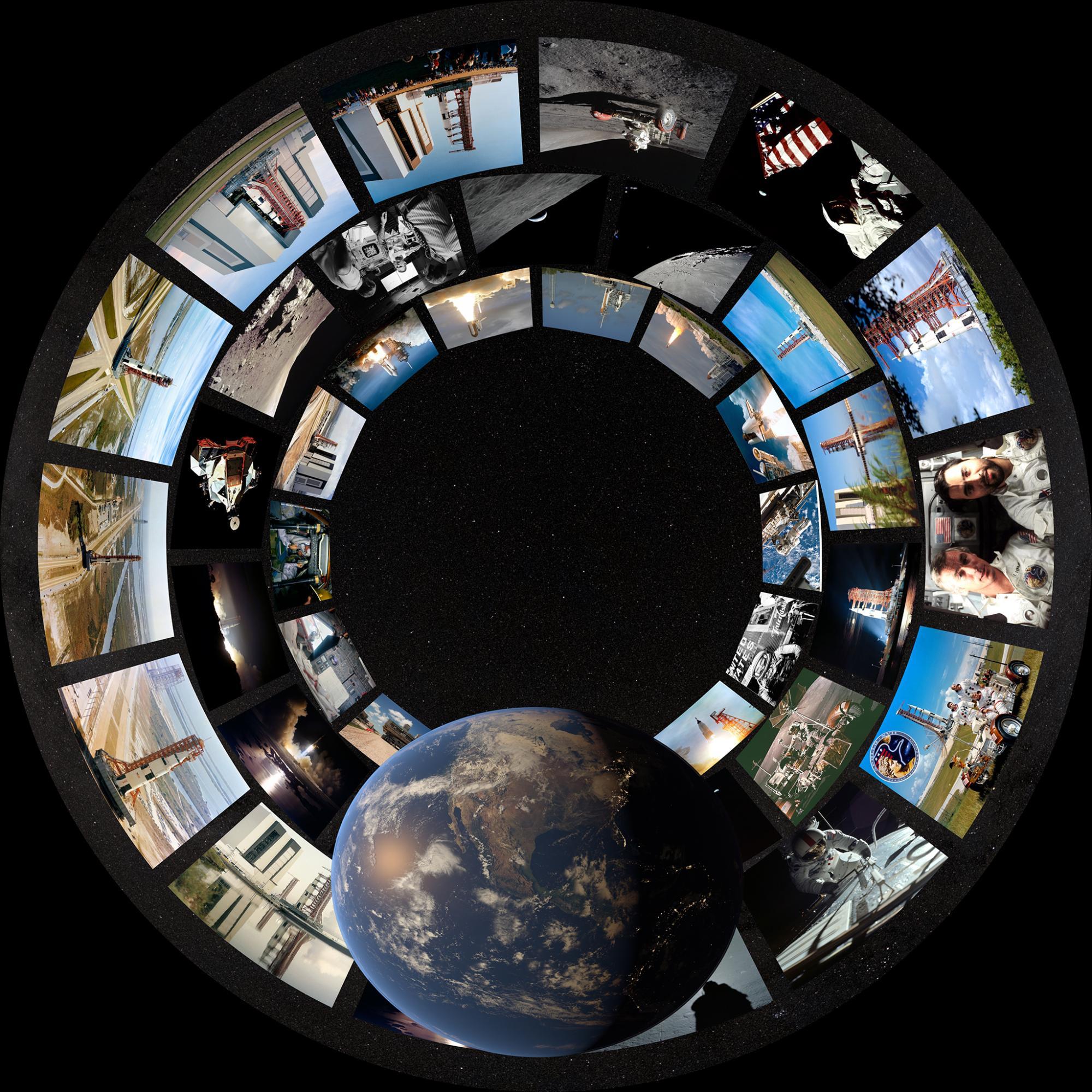 Still image from film with images of people, NASA launches and Apollo Program