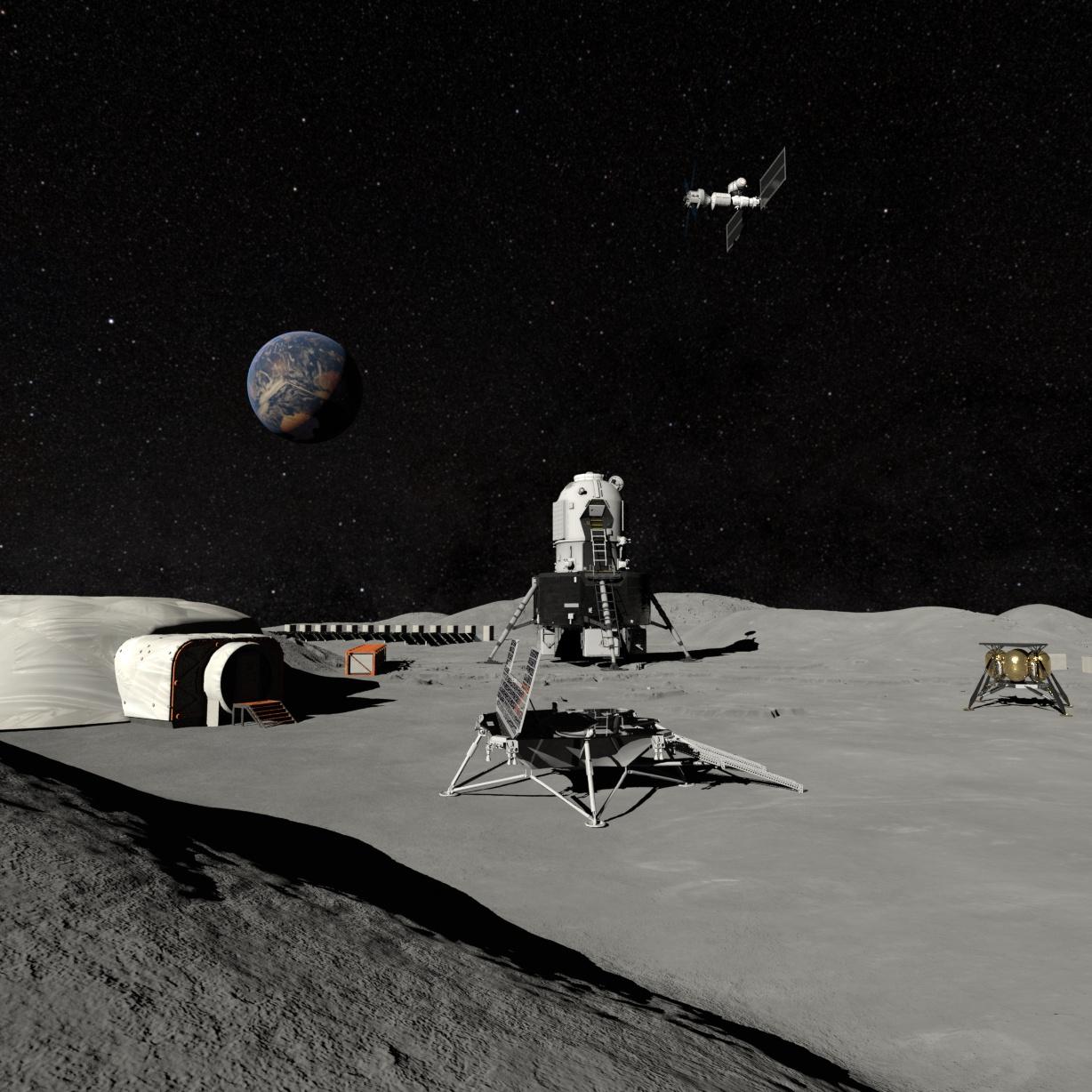 Still image from film of landing site on the Moon with Earth in view and Gateway in orbit