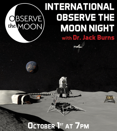 International Observe the Moon Night with Jack Burns includes Observe the Moon Logo and a lunarscape in the background with lunar base structures