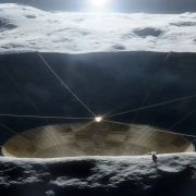 An illustration of a conceptual radio telescope within a crater on the moon.