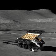 Artist's depiction of a robot laying out an antenna on the lunar surface. 