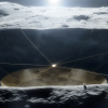 An illustration of a conceptual radio telescope within a crater on the moon.